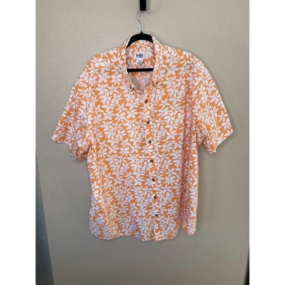 HB Mens Orange White Floral Short Sleeve Button-Up Shirt 2XL Cotton/Polyester - Picture 1 of 6